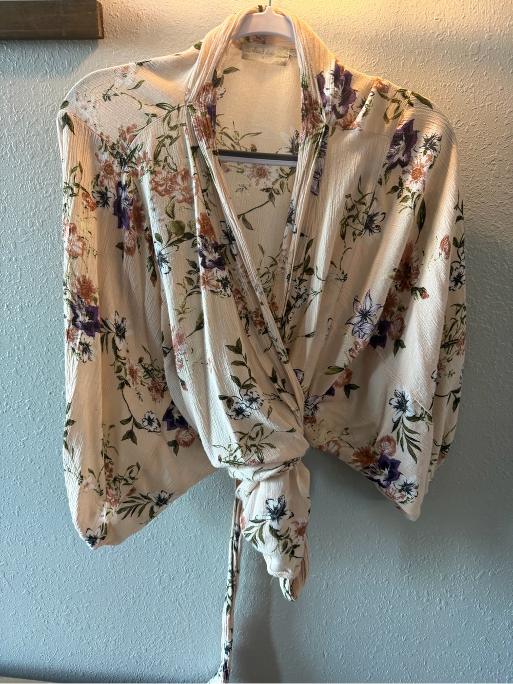 Altar'd State Cream Floral Tie-Front Blouse with Purple & Green Accents